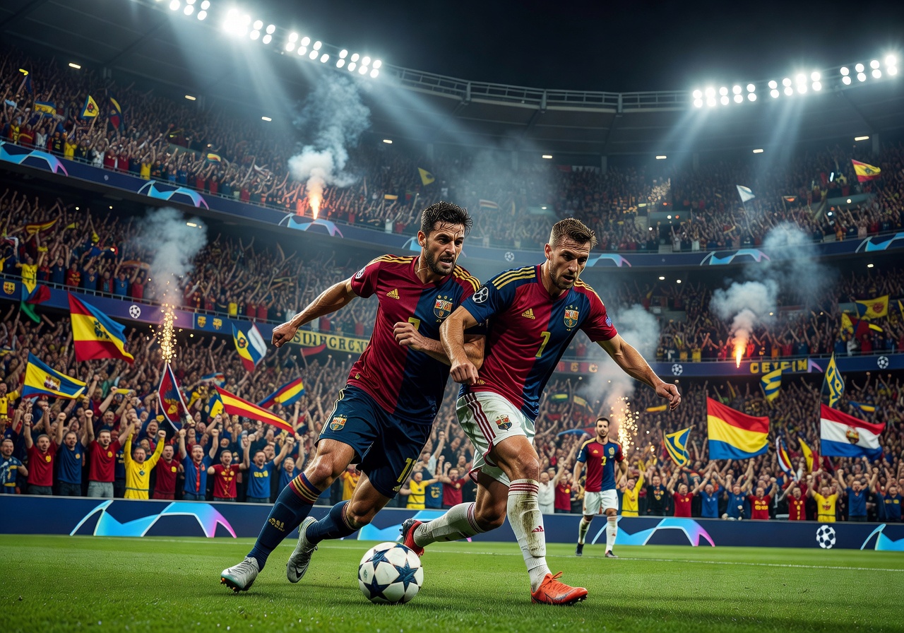 Dramatic football match action with players competing for the ball under stadium lights