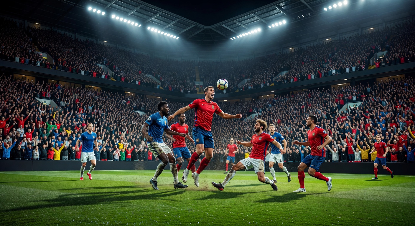 English Premier League football match with packed stadium and intense atmosphere under floodlights