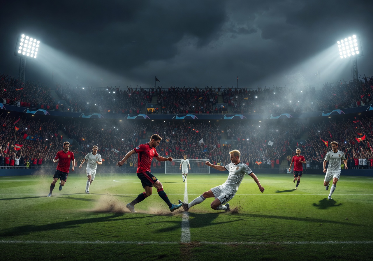 European club football match under Champions League floodlights with dramatic atmosphere