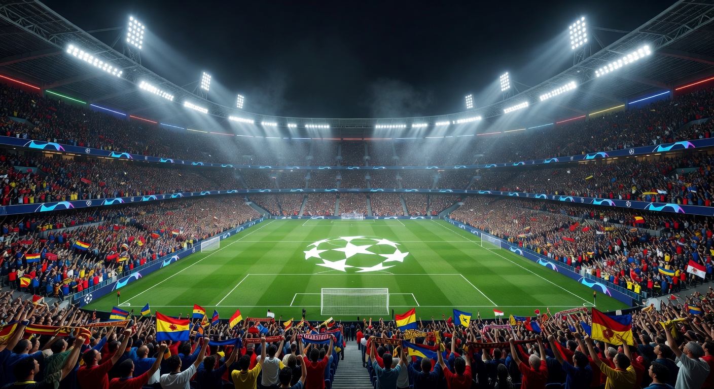 European club football stadium with Champions League atmosphere and starball branding