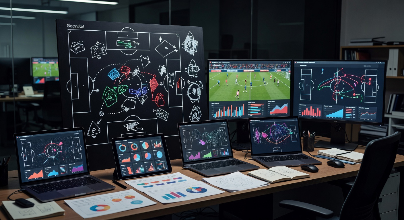 Football analytics workspace with tactical boards, statistics, and match footage analysis