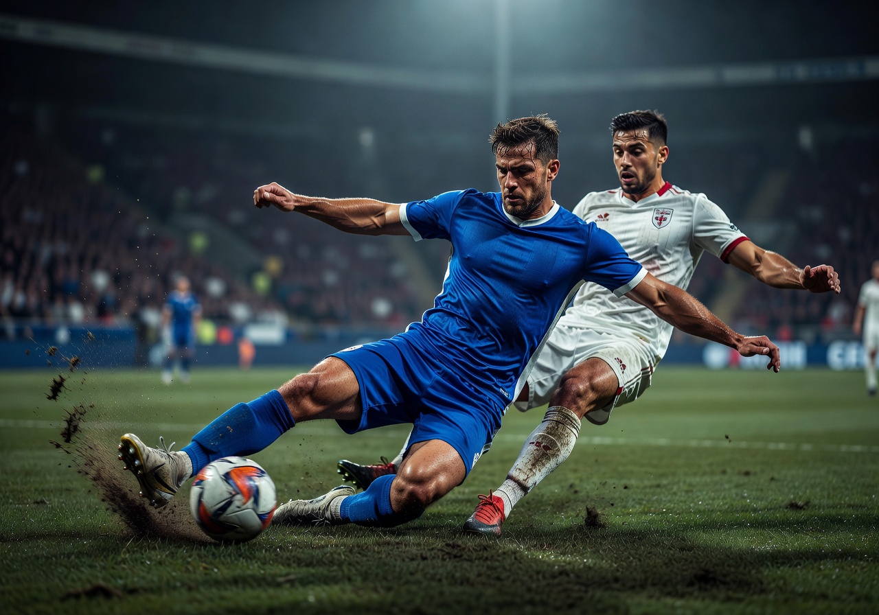English Premier League match with intense crowd atmosphere and stadium floodlights