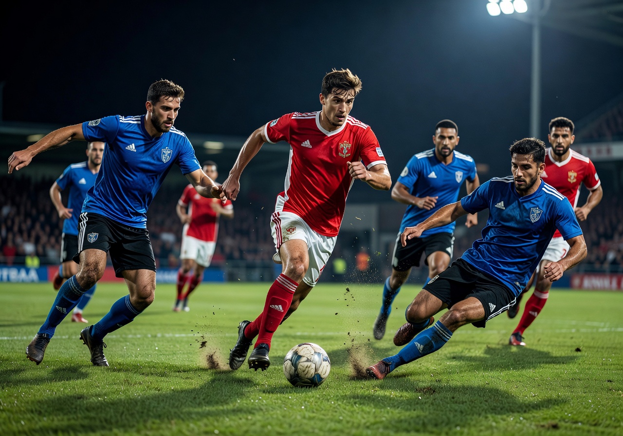 Football forward in action sprinting with the ball past defenders