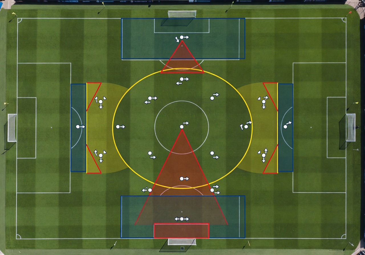 Football pitch aerial view showing tactical formation structure with player positioning zones marked