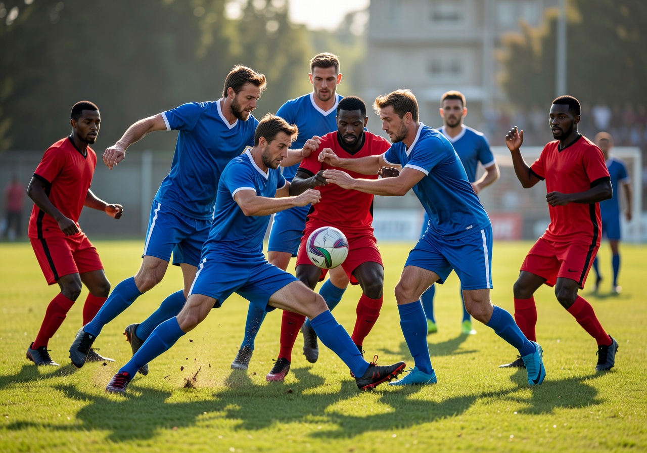 Football players executing a coordinated pressing sequence to win the ball in the opponent's half