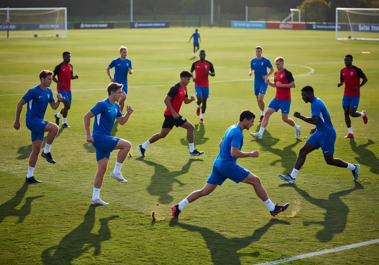 Football players warming up on the pitch with stretching exercises before a match