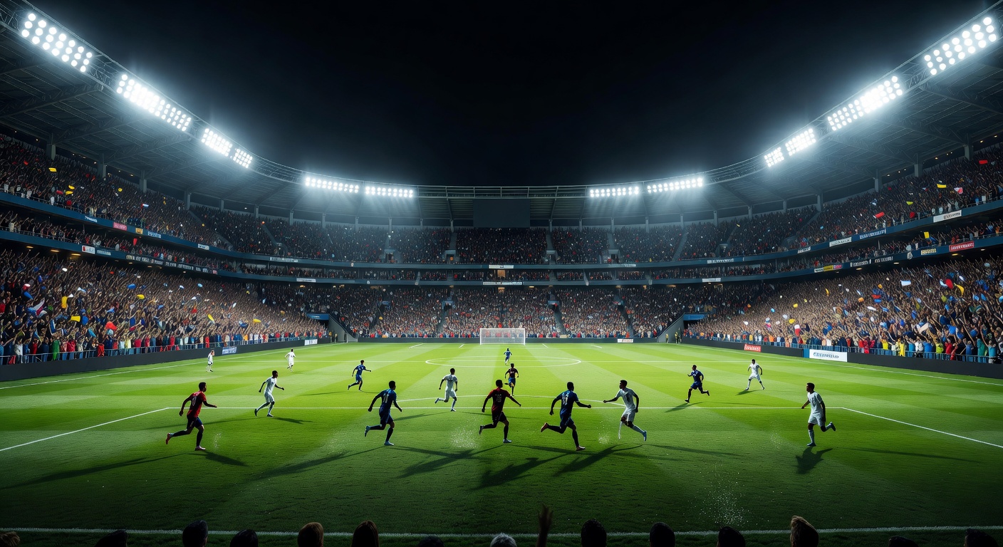 Football stadium under floodlights during a night match with packed stands