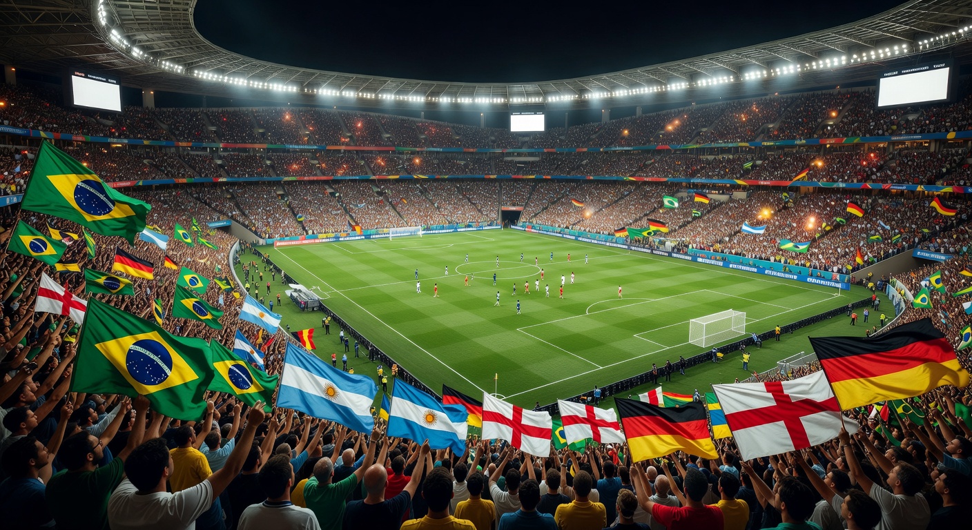 International football stadium filled with fans waving national flags during a World Cup match