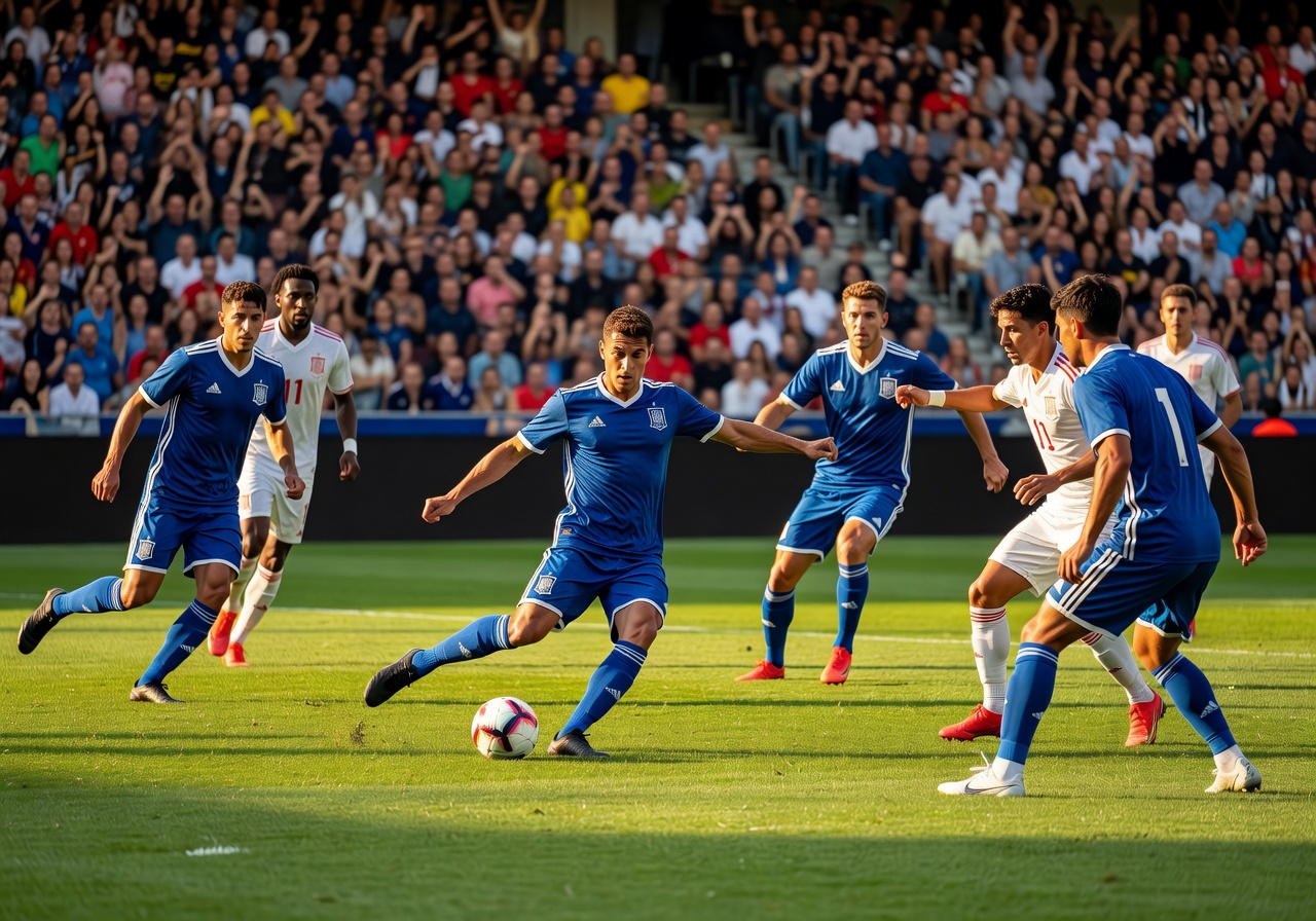 Close-up of a football on pristine green grass in a professional stadium setting