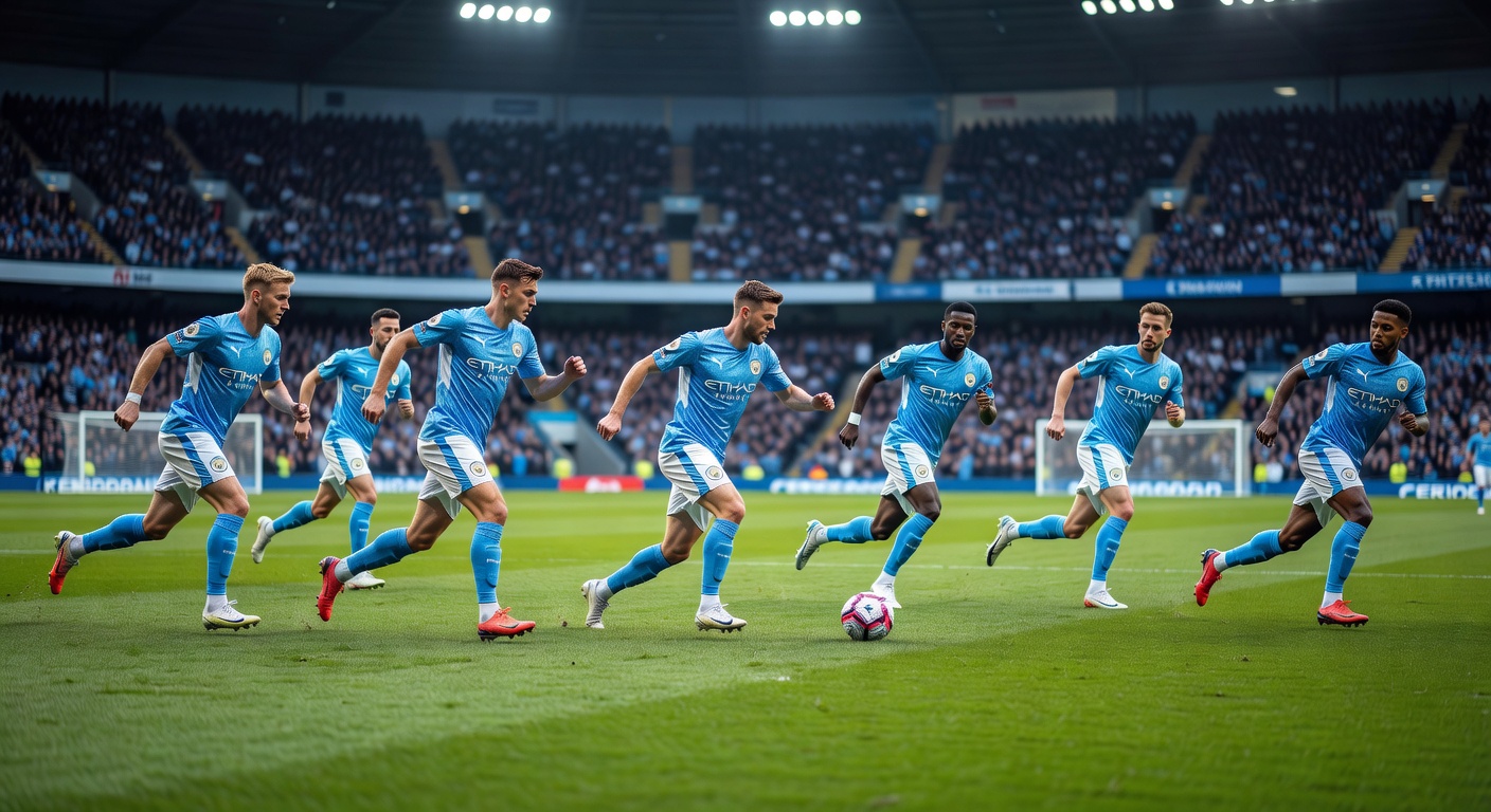 Manchester City executing their positional play system during a Premier League match with players in coordinated positions