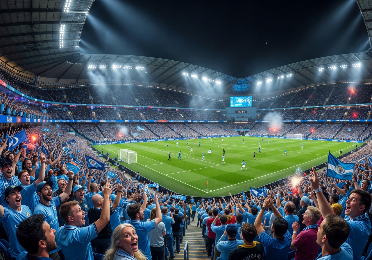 Manchester City's Etihad Stadium with fans creating an electric atmosphere under floodlights
