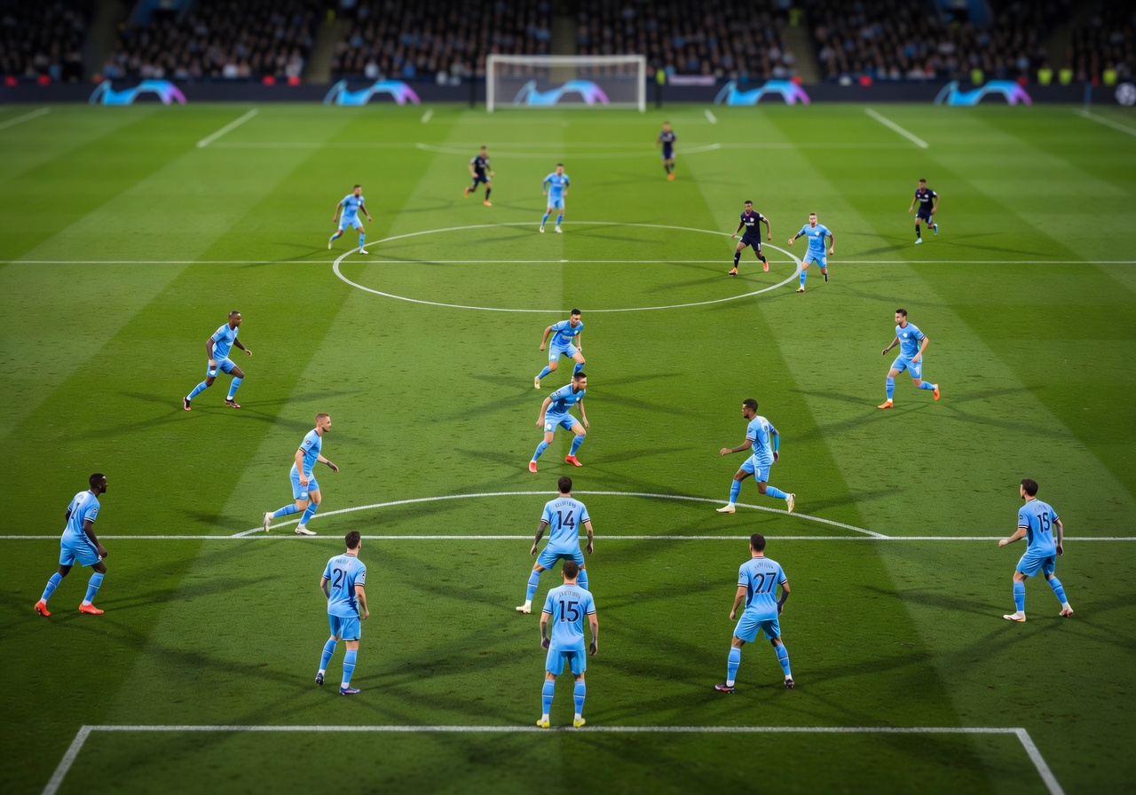 Aerial view of a football pitch during a high-intensity match with tactical formations visible