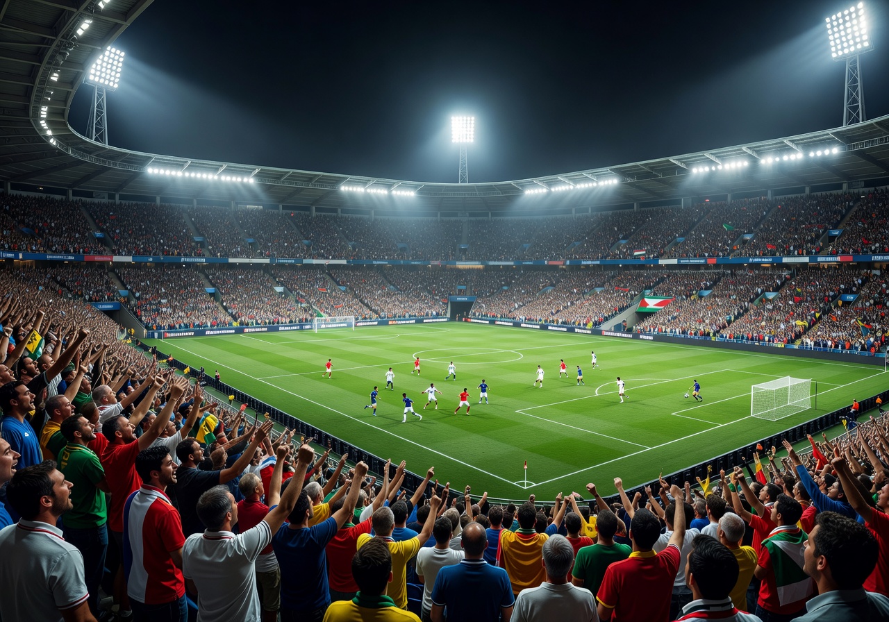 Packed football stadium during international match with dramatic floodlight illumination