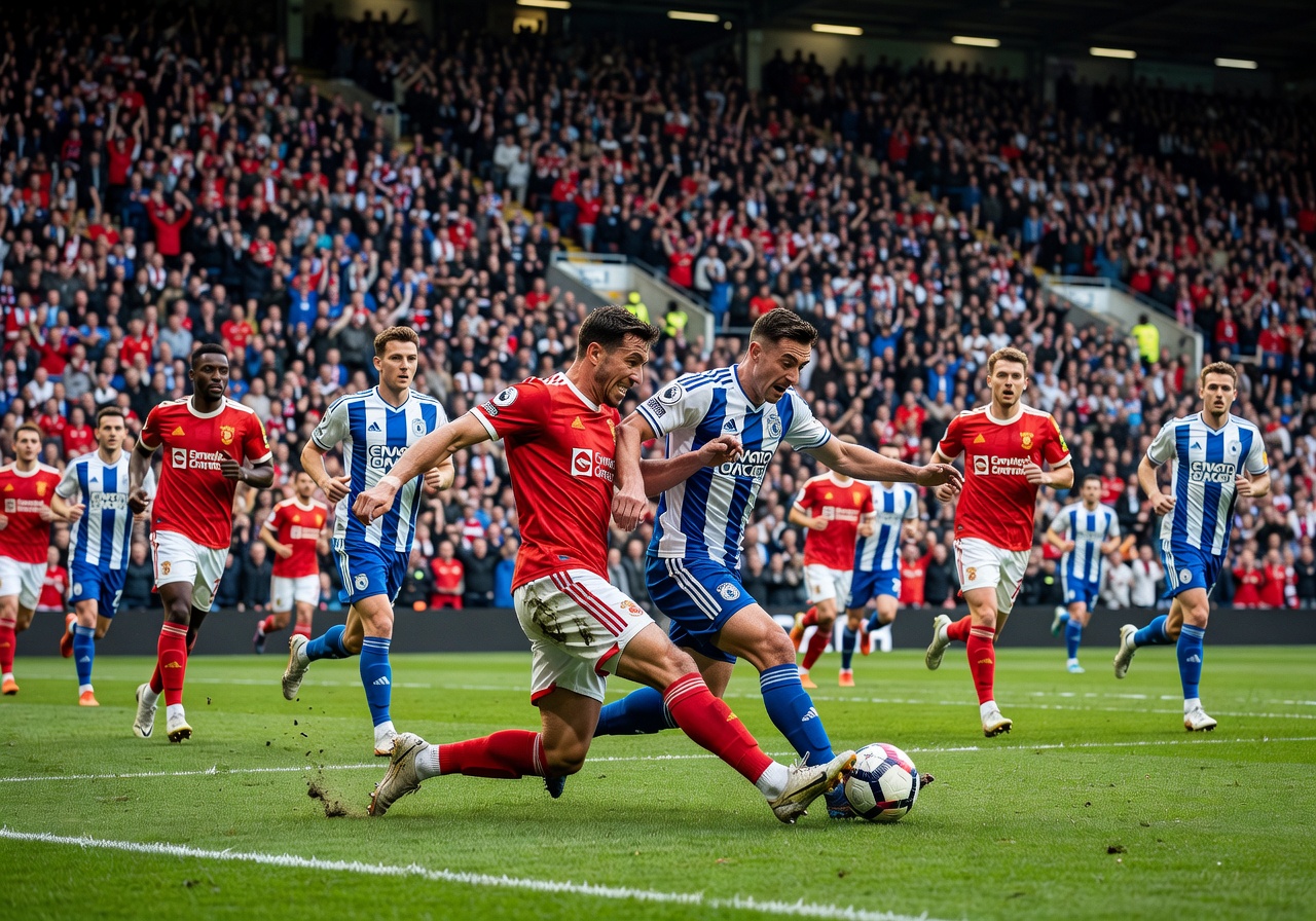 Football stadium panoramic view showing fans in full voice during an evening match