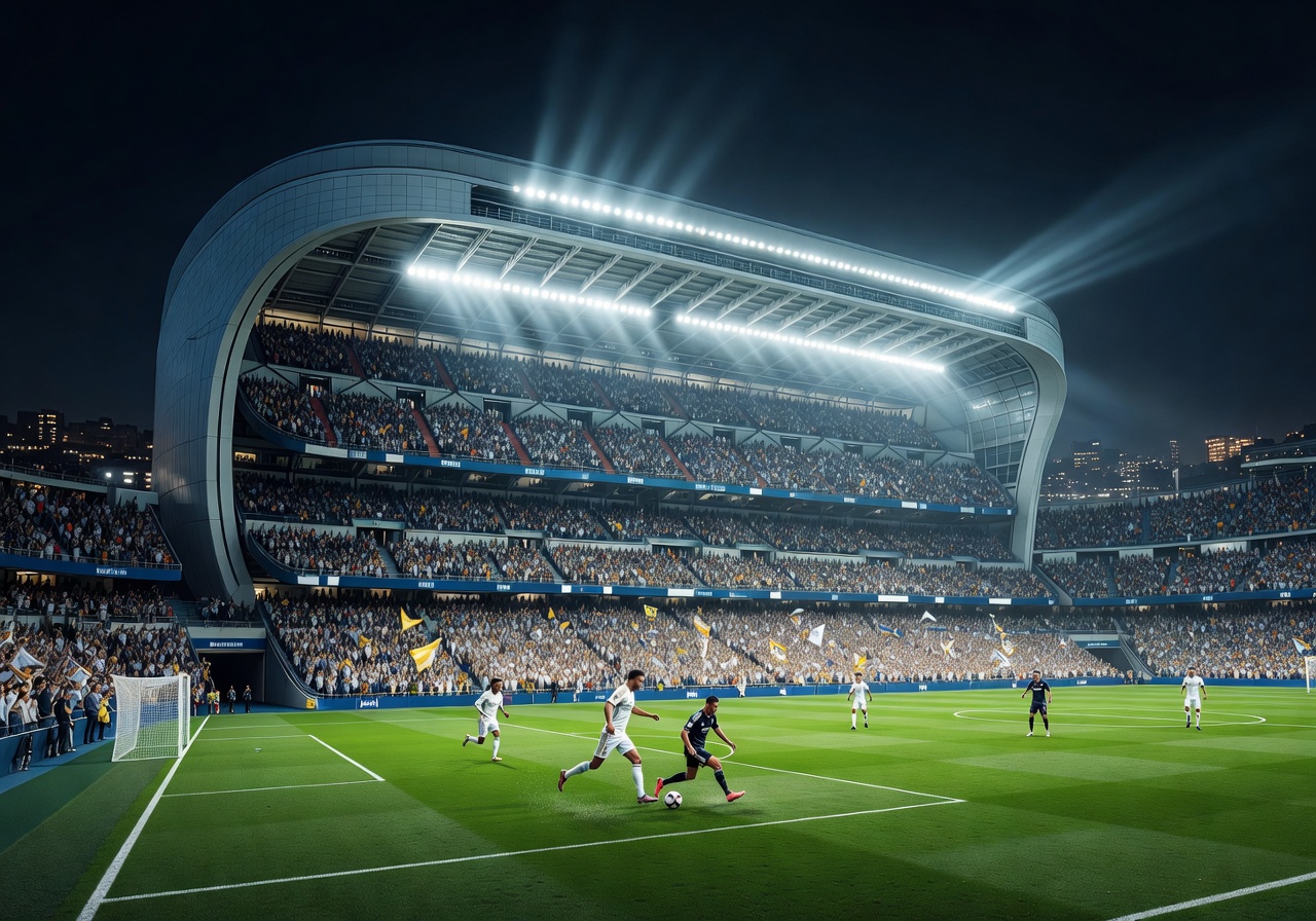 Real Madrid's Santiago Bernabéu stadium illuminated at night during a European match