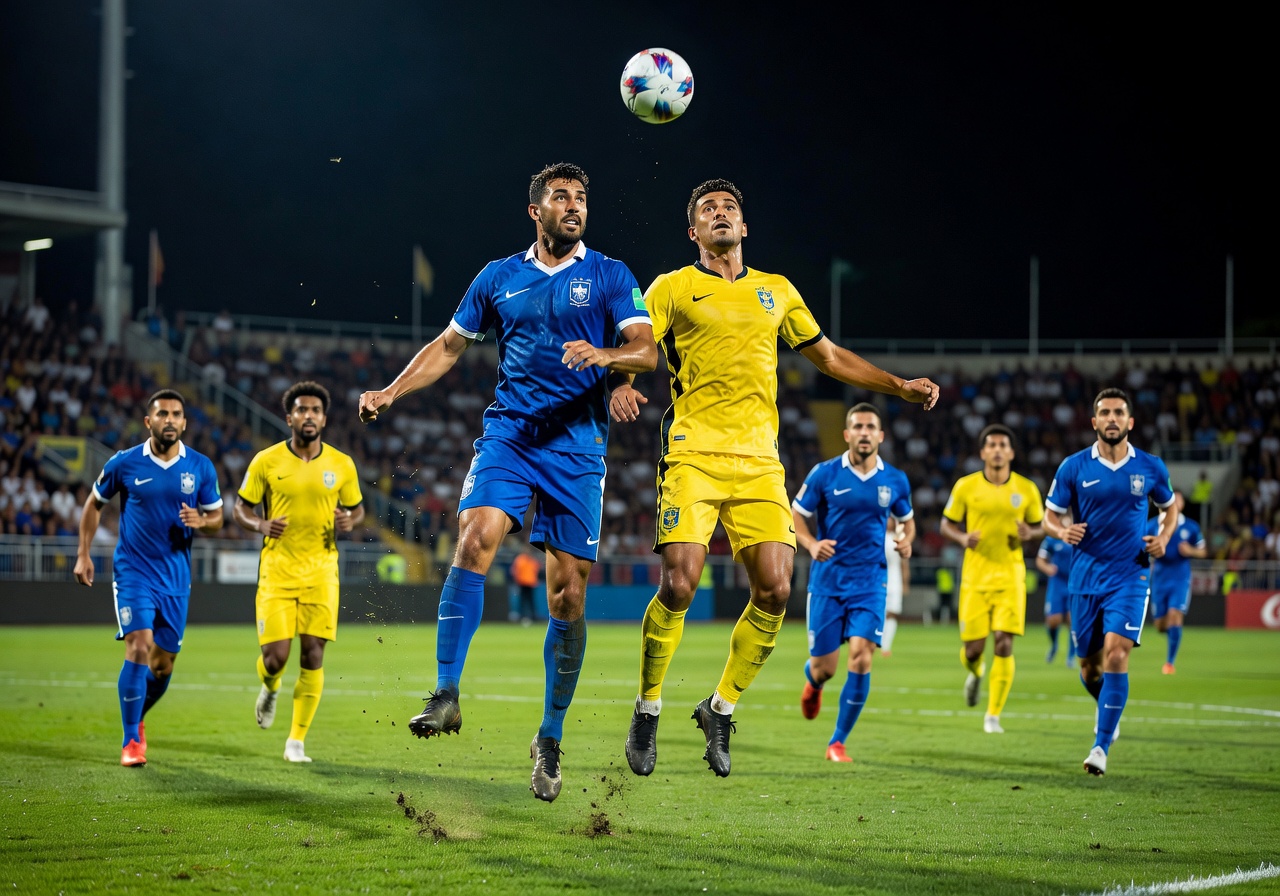 Football players celebrating a goal with team huddle on the pitch