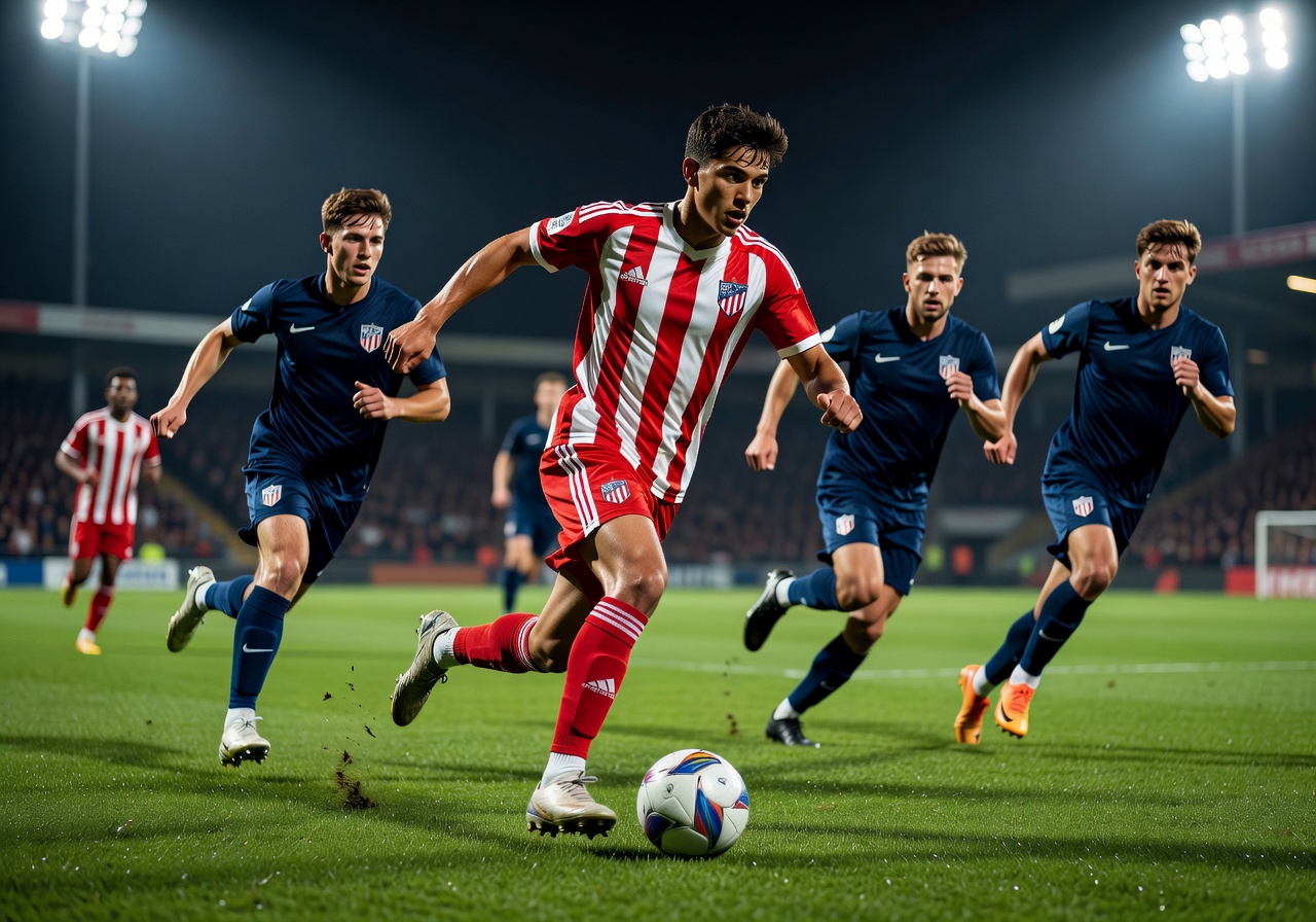 Young football talent dribbling past opposition players with pace and skill